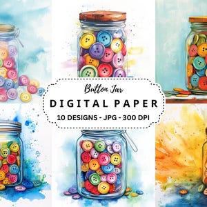 Puede incluir: Papel digital de acuarela con tarros llenos de botones de colores. La imagen incluye múltiples tarros con varios arreglos de botones y botones dispersos. El texto "Button Jar DIGITAL PAPER" se muestra con detalles de diseño.