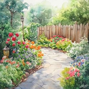 May include: A watercolor painting of a garden path leading through a lush garden with a wooden fence, flowers, and a lamppost.