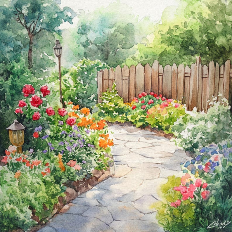 May include: A watercolor painting of a garden path leading through a lush garden with a wooden fence, flowers, and a lamppost.