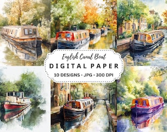 English Canal Boat Clipart: Watercolor JPGs for Scrapbooking (Digital Download)