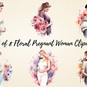 Aquarelle Floral Femme enceinte Clipart, Arrière-plans transparents, Clipart de grossesse, Maman enceinte Sublimation PNG Bundle, Utilisation commerciale
