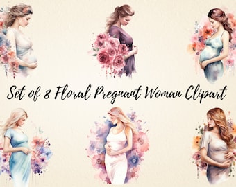 Watercolor Floral Pregnant Woman Clipart: PNG Bundle (Commercial Use)
