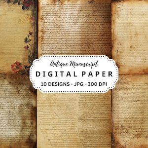 May include: A set of 10 digital paper designs featuring antique manuscript pages with faded edges and floral accents. The papers are 300 DPI and in JPG format. "Antique Manuscript Digital Paper" is written in a banner across the center of the image.
