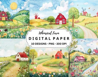 Whimsical Farm Clipart: Watercolor Country Scenes (JPG Digital Download)