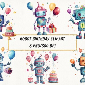 Watercolor Robot Birthday Clipart: Party PNG Bundle (Digital Download)
