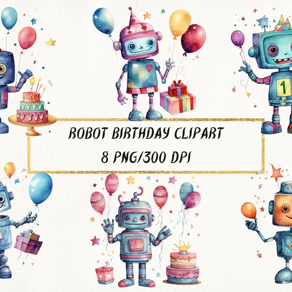 Watercolor Robot Birthday Clipart, Robot Happy Birthday Party PNG Bundle, Birthday Invitations for Kids, Party Favors, Commercial Use