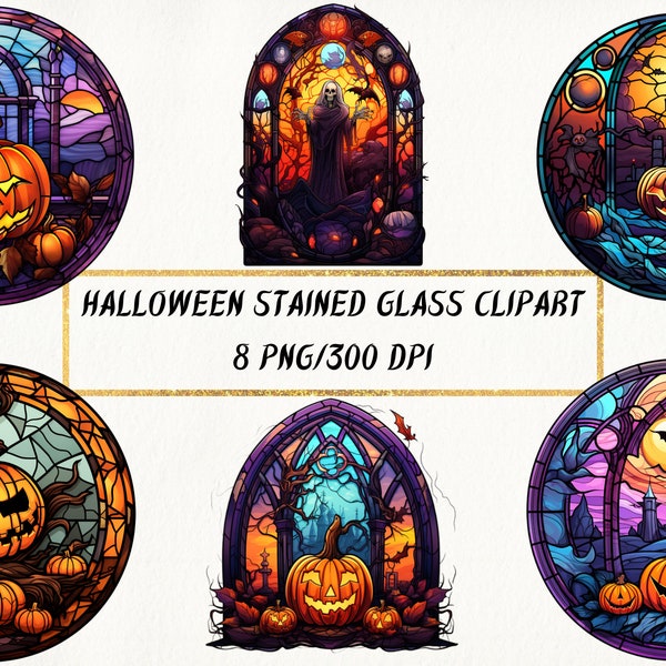 Halloween Stained Glass Clipart, Happy Halloween Stained Glass Art PNG Bundle for Commercial Use, Scrapbook, Paper Crafts, Card Making