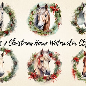 Imágenes prediseñadas de caballos de Navidad, caballos navideños en acuarela, ilustraciones PNG de alta calidad, gráficos festivos para manualidades navideñas, decoraciones, álbumes de recortes