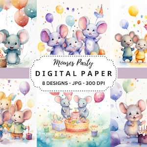 Fond de fête des souris, papier numérique coloré avec des souris, images JPG aquarelles de haute qualité, parfait pour les anniversaires, les célébrations, les fêtes