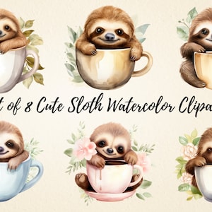Adorable Sloth in Cup Clipart Bundle, Watercolor Sweet Sloth in Cup, Printable Design for Nursery Decor, Greeting Cards, Wall Art