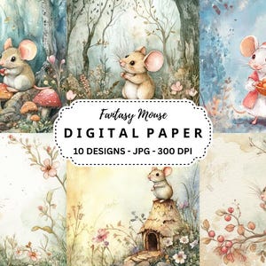 Pacchetto di clipart di topi fantasy, sfondi ad acquerello di topi da favola per diari spazzatura, copertine, scrapbooking, artigianato digitale, immagini JPG