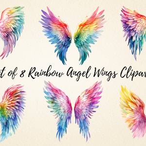 Rainbow Angel Wings Watercolor Clipart: PNG Illustrations (Digital Download)