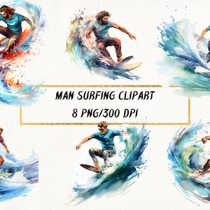 Watercolor Man Surfing Clipart: Beach Sport PNG Bundle (Commercial Use)