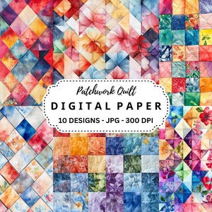 Watercolor Patchwork Quilt Digital Paper: 10 JPG Backgrounds (Instant Download)