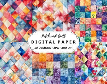 Watercolor Patchwork Quilt Digital Paper: 10 JPG Backgrounds (Instant Download)