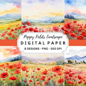 Papel digital de paisagem de campos de papoula em aquarela, fundos PNG de campos de papoula, Junk Journal, Scrapbooking, download digital