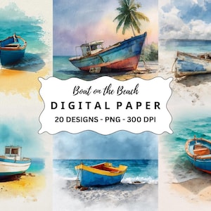 Watercolor Boat on Beach Clipart: 20 PNG Illustrations (Digital Download)