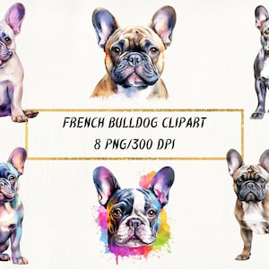 Aquarell französische Bulldogge Clipart, süße französische Bulldogge Art PNG Bundle für kommerzielle Nutzung, Kartenherstellung, digitales Papierhandwerk, gemischte Medien