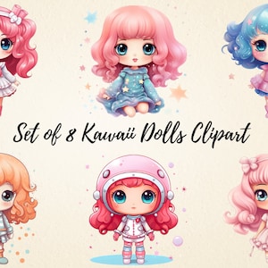 Kawaii Puppen Sublimation Clipart, süße Puppe hochwertige Illustrationen Bundle, digitales Papier Handwerk, Scrapbooking, Kartenherstellung