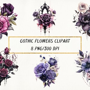 Watercolor Gothic Flowers Clipart: PNG Bundle for Junk Journals (Digital Download)