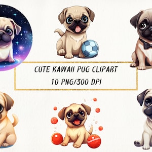 Cute Kawaii Pug Clipart, Pug Sublimation PNG Bundle, Cute Puppy Clipart, Dogs Clipart, Cute Pug Portrait, Pug Illustration Set