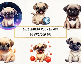 Kawaii Pug Clipart, PNG Bundle (Digital Download)