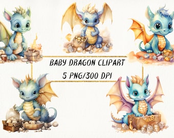Watercolor Baby Dragon Clipart, Fantasy PNG Bundle (Commercial Use