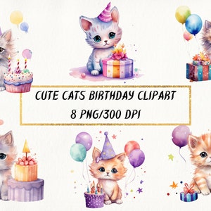 Aquarelle mignon chats anniversaire Clipart, Adorable chats joyeux anniversaire PNG Bundle à usage commercial, décorations d’anniversaire, anniversaire fille chemise