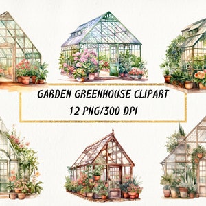 12 clipart de aquarela de estufa de jardim, clipart de jardinagem, pacote PNG de jardim de primavera, download de jardinagem em aquarela, uso comercial