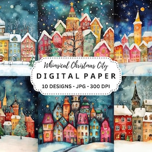 Pacote de fundos de cidade natalina caprichosos, 10 imagens JPG de alta qualidade para diário de lixo, artesanato digital, scrapbooking, clipart de aquarela