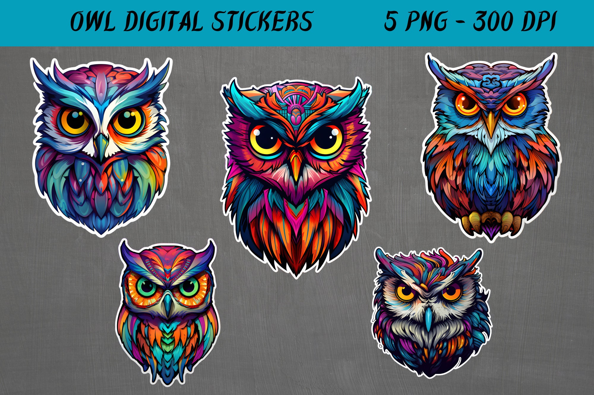Fantasy Owl Stickers: Colorful PNG Clipart (Digital Download)