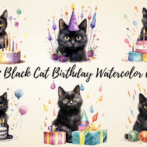 Schwarze Katze Geburtstag Clipart Bundle, alles Gute zum Geburtstag schwarze Katze Aquarell PNG Grafiken, schwarze Feline Party Einladungen und Dekorationen