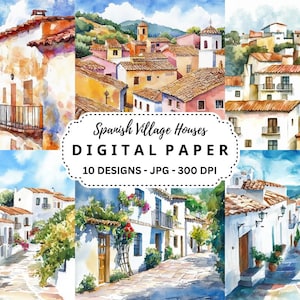 Paquete de imágenes de casas de pueblo españolas, 10 fondos en formato JPG de acuarela de alta calidad para diarios basura, álbumes de recortes y manualidades con papel