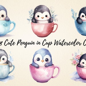 Pingouin mignon dans la tasse Clipart, aquarelle adorable pingouin sublimation PNG Bundle, images amusantes et charmantes pour le scrapbooking, la fabrication de cartes