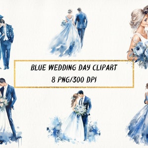 Clipart de dia de casamento azul aquarela, pacote PNG de dia de casamento para uso comercial, convite de casamento, clipart de noiva azul, decoração de casamento