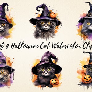 Clipart acquerello gatto di Halloween, pacchetto PNG di alta qualità, scrapbooking, media misti, diario spazzatura, artigianato con carta digitale, uso commerciale