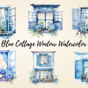 Blue Cottage Window Clipart Graphics, Aquarel Charmant Blue Window Hoge kwaliteit PNG Bundel, Perfecte Set voor Scrapbooking en Ambachten