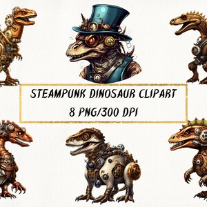 Steampunk Dinosaur Clipart: Fantasy Dino PNG Bundle (Commercial Use)