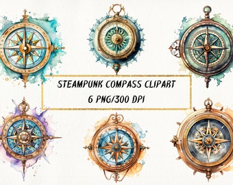 Clipart bussola Steampunk acquerello, pacchetto PNG arte Steampunk per uso commerciale, creazione di biglietti, diario spazzatura, scrapbooking, artigianato con la carta