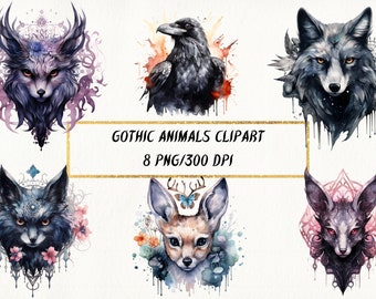 Clipart di animali gotici ad acquerello: pacchetto PNG fantasy (uso commerciale)