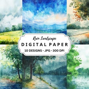 Bundel met regenlandschapafbeeldingen, 10 hoogwaardige aquarel jpg's achtergronden voor junk Journal, scrapbooking, papierkunst, commercieel gebruik
