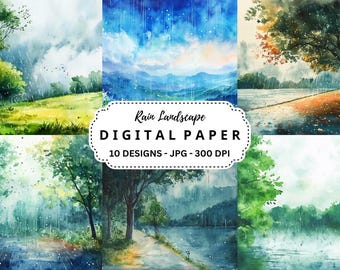 Rain Landscape Watercolor Backgrounds: 10 JPGs for Scrapbooking (Digital Download)
