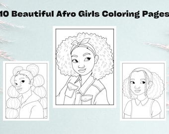 May include: Three black and white line drawings of girls with afro hairstyles. The girls are wearing different outfits. The first girl has her hair in a bun with two smaller buns on top. The second girl has her hair in a large afro. The third girl has her hair in two braids with a headband.