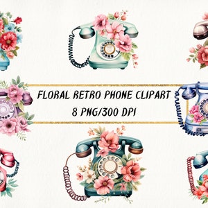 Acuarela Floral Retro Phone Clipart, Vintage Phone PNG Bundle, 90s Clipart, Old Phone Clipart, Uso comercial, Descarga digital