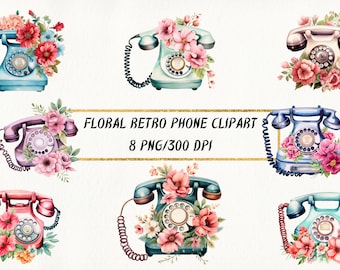 Watercolor Floral Retro Phone Clipart: 90s PNG Bundle (Digital Download)