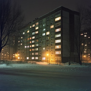 May include: A tall, multi-story apartment building with windows lit up at night. The building is surrounded by snow and trees.