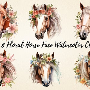 Colorful Floral Horse Face Clipart Bundle, Aquarelle Horse Portrait PNG Graphics, Parfait pour la conception de T-shirts, Décoration intérieure, Scrapbooking