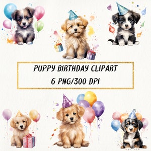 Chiot anniversaire aquarelle Clipart, chiot joyeux anniversaire fête PNG Bundle, invitation d’anniversaire, carte d’anniversaire drôle, utilisation commerciale