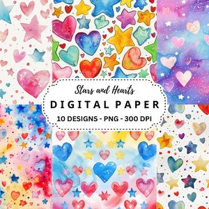 10 aquarel sterren en harten digitaal papier, hoogwaardige PNG-achtergronden, behangpatronen, kaarten maken, junk journal, scrapbooking