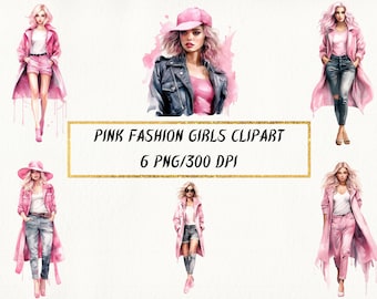 Watercolor Fashion Girl Clipart: Pink PNG Bundle (Commercial Use)